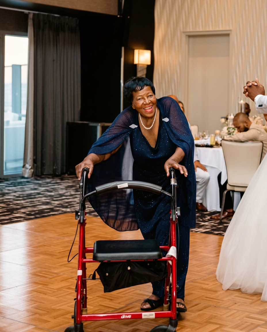 An elegantly dressed woman wearing pearls and a navy blue outfit, standing confidently with her walker at a joyful formal celebration